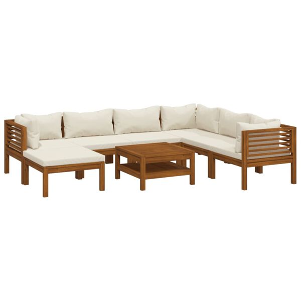 vidaXL 8 pcs conjunto lounge jardim c/ almofadões creme acácia maciça