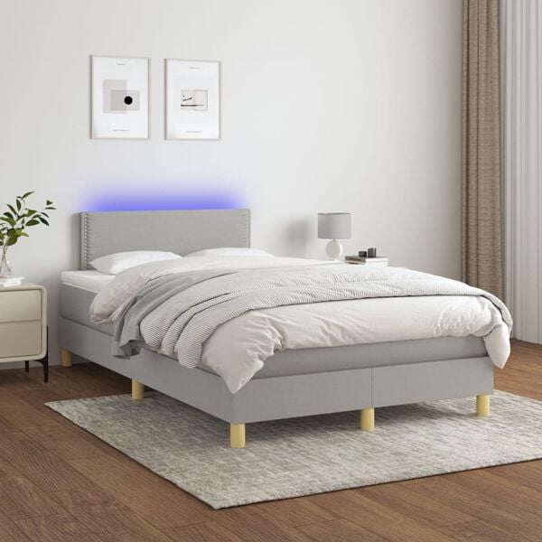 vidaXL Cama box spring c/ colch&atilde;o e LED 120x200 cm tecido cinza-claro