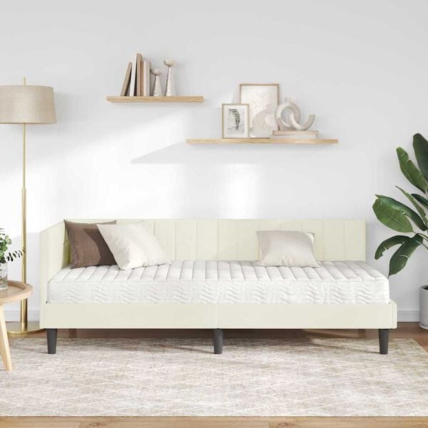 vidaXL Estrutura de Cama de Canto com Colch&atilde;o 2 pcs Creme Veludo