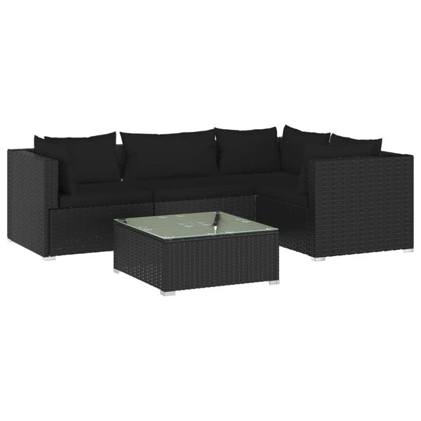 vidaXL 5 pcs conjunto lounge de jardim c/ almofadões vime PE preto