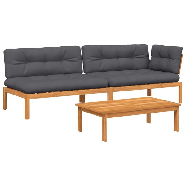 vidaXL 3 pcs móveis de paletes p/ jardim c/ almofadões acácia maciça