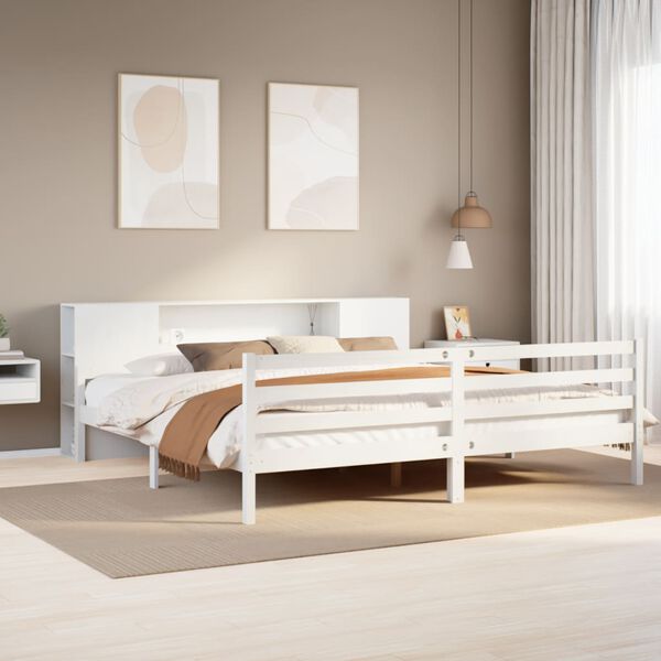 vidaXL Cama com estante sem colch&atilde;o 180x200 cm pinho maci&ccedil;o branco