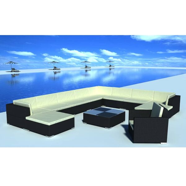 vidaXL 12 pcs conjunto lounge de jardim c/ almofad&otilde;es vime PE preto