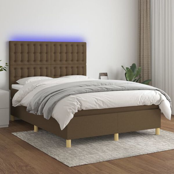 vidaXL Cama box spring c/ colch&atilde;o/LED 140x200cm tecido castanho-escuro