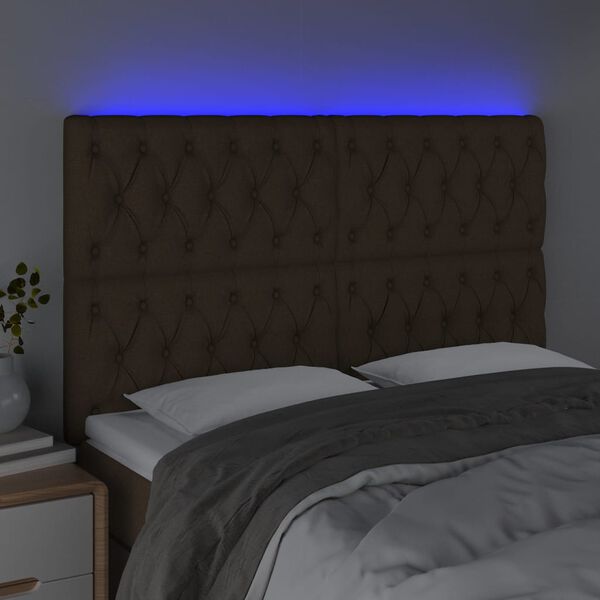 vidaXL Cabeceira de cama c/ luzes LED tecido 144x7x118/128cm castanho