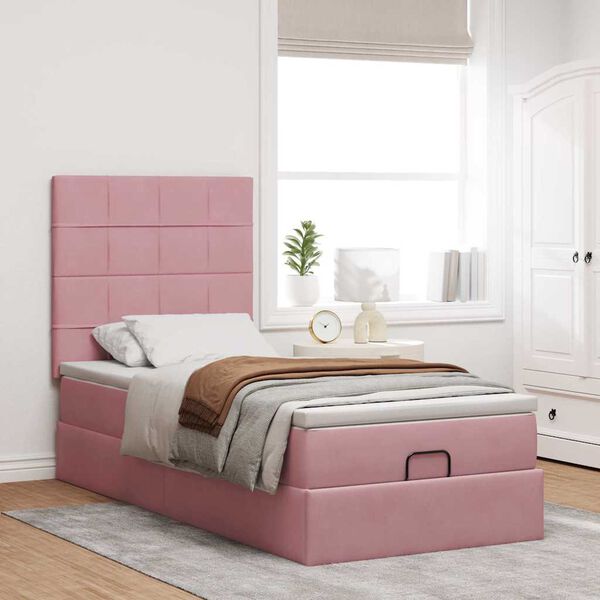 vidaXL Estrutura de cama otomana com colch&otilde;es rosa 90x200cm veludo