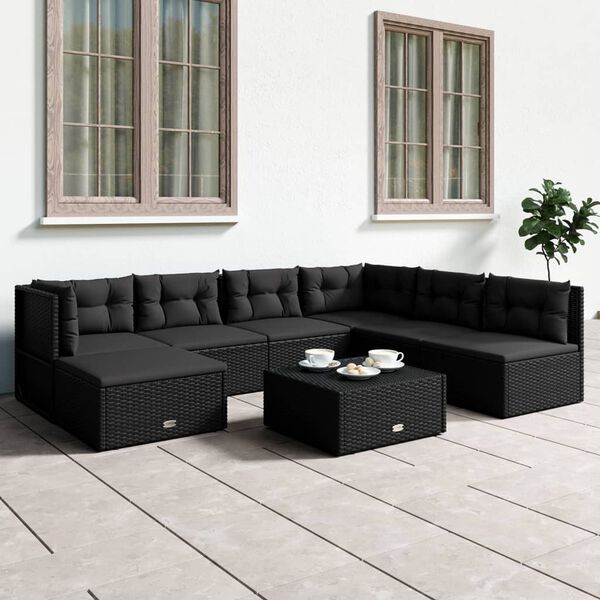 vidaXL 7 pcs conjunto lounge de jardim c/ almofad&otilde;es vime PE preto