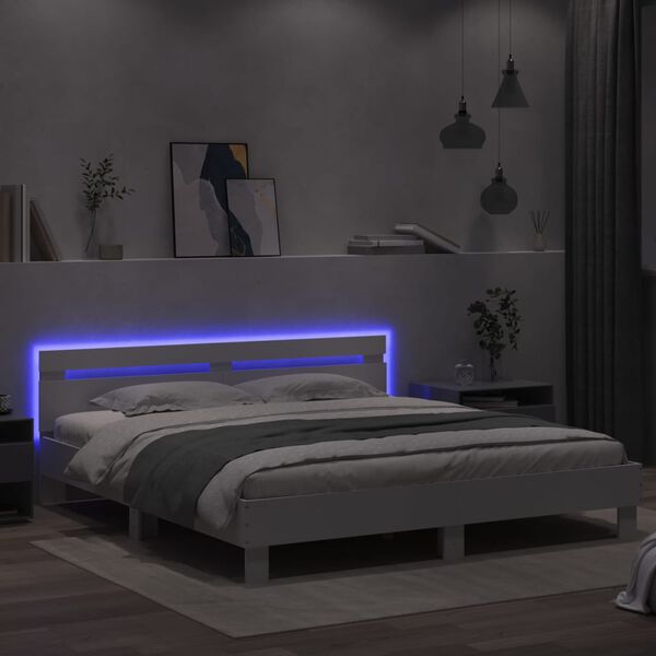 vidaXL Estrutura de cama com cabeceira e luzes LED 200x200 cm branco