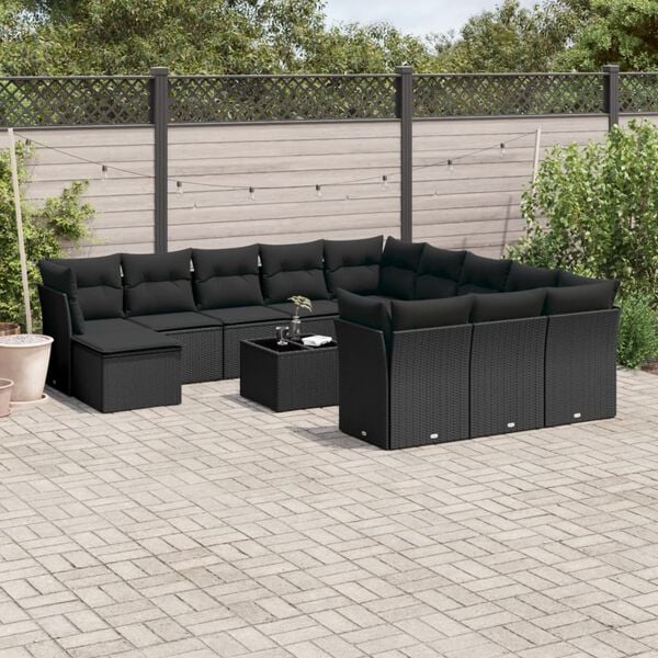 vidaXL 13 pcs conjunto de sof&aacute;s de jardim com almofad&otilde;es vime PE preto
