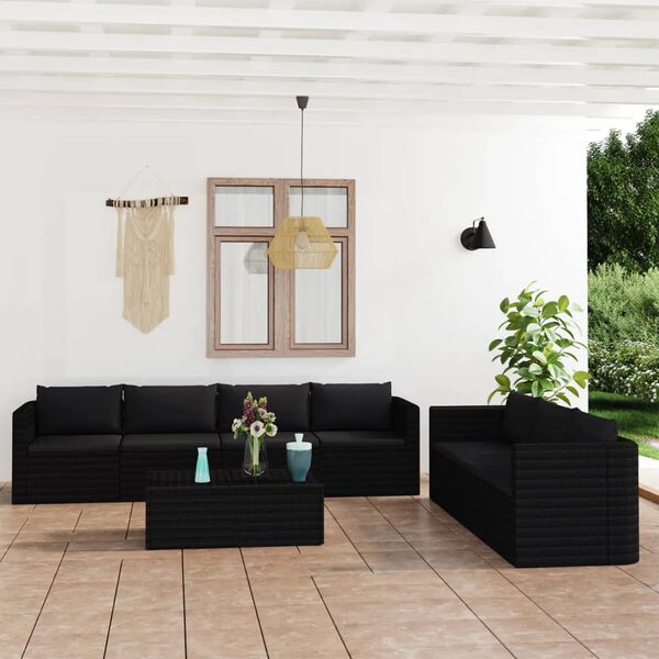 vidaXL 8 pcs conjunto lounge de jardim c/ almofad&otilde;es vime PE preto