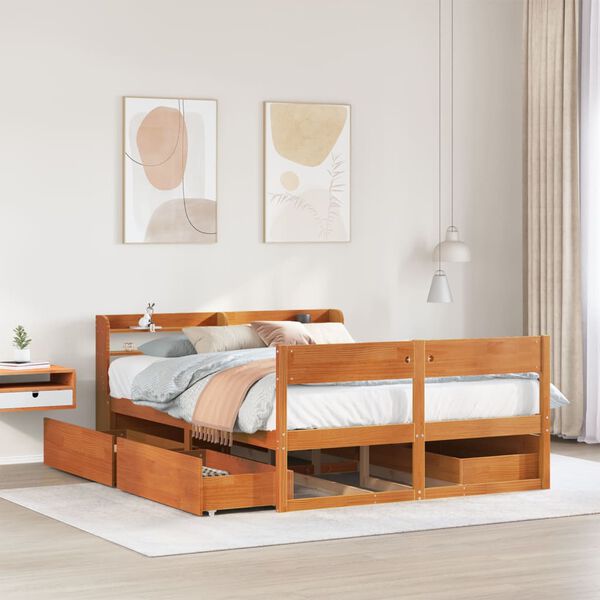 vidaXL Cama sem colch&atilde;o 135x190 cm madeira pinho maci&ccedil;a castanho-mel