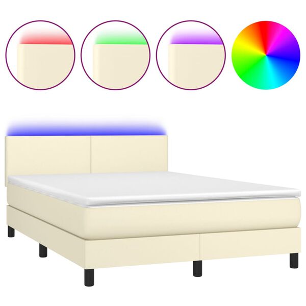 vidaXL Cama box spring c/ colch&atilde;o/LED 140x190cm couro artificial creme