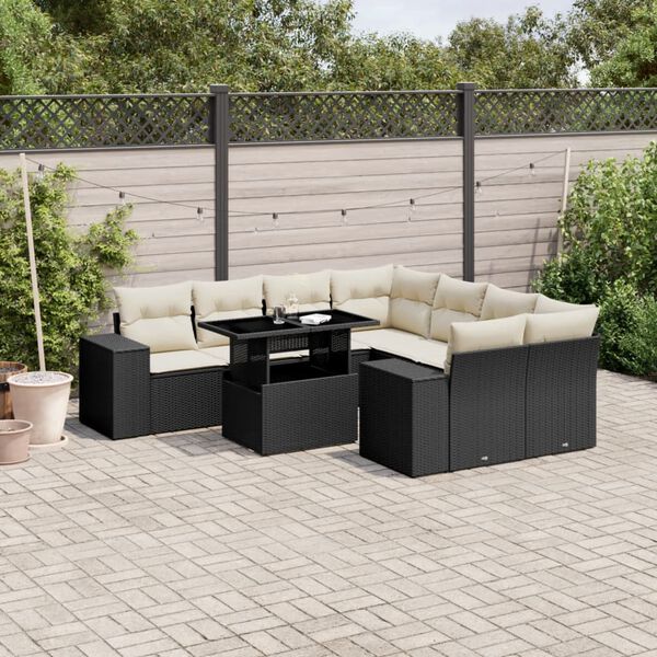 vidaXL 9 pcs conjunto de sof&aacute;s p/ jardim c/ almofad&otilde;es vime PE preto