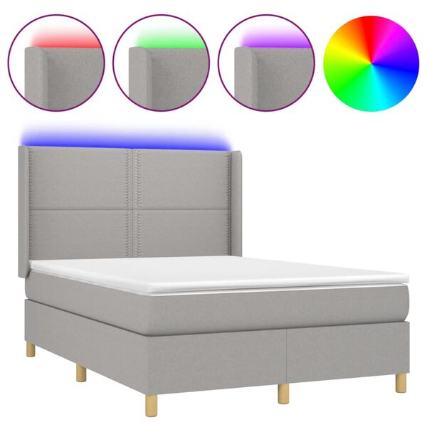 vidaXL Cama box spring c/ colch&atilde;o e LED 140x190 cm tecido cinza-claro