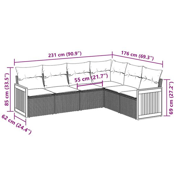 vidaXL 6 pcs conjunto sof&aacute;s de jardim c/ almofad&otilde;es vime PE preto