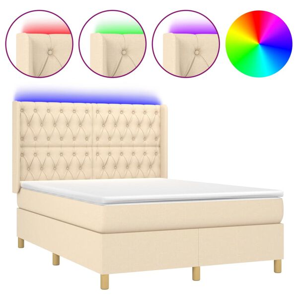 vidaXL Cama box spring c/ colch&atilde;o e LED 140x200 cm tecido cor creme