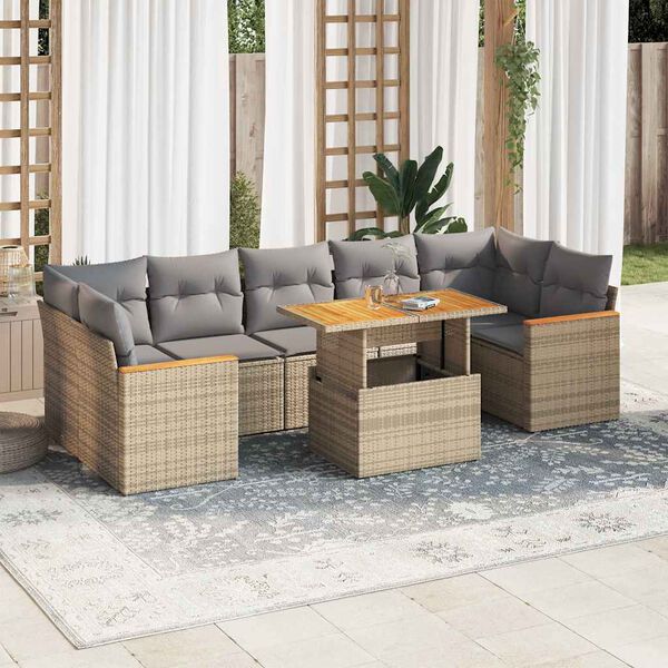 vidaXL 8 pcs conjunto sofás jardim com almofadões vime PE/acácia bege