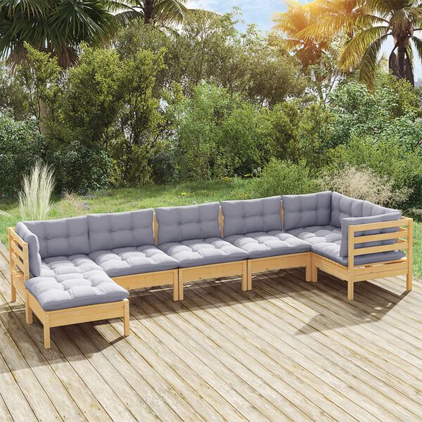 vidaXL 7 pcs conjunto lounge de jardim + almofad&otilde;es cinza pinho maci&ccedil;o