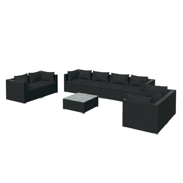 vidaXL 9 pcs conjunto lounge de jardim c/ almofad&otilde;es vime PE preto
