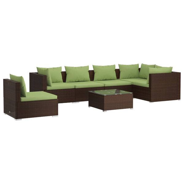 vidaXL 7 pcs conjunto lounge de jardim c/ almofad&otilde;es vime PE castanho