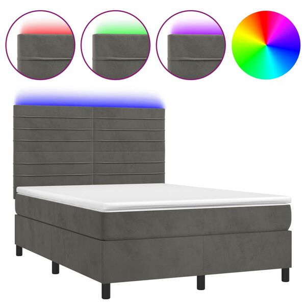 vidaXL Cama box spring c/ colch&atilde;o/LED 140x200cm veludo cinzento-escuro
