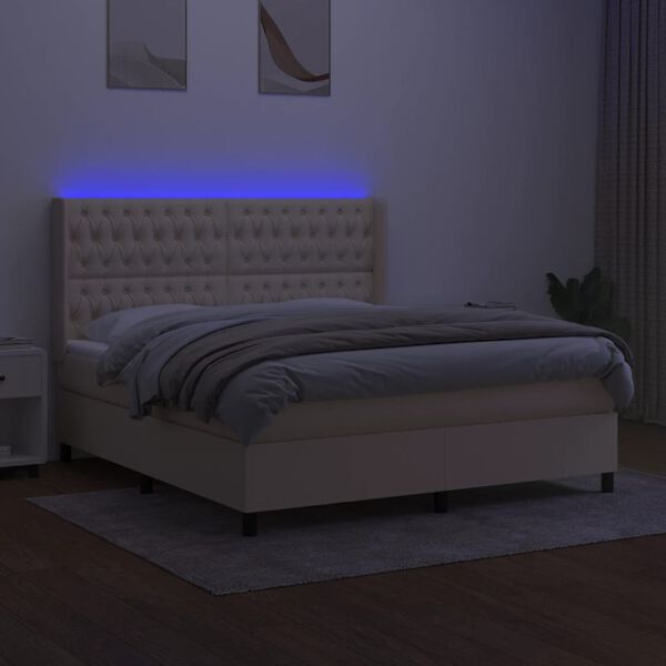 vidaXL Cama box spring c/ colch&atilde;o e LED 180x200 cm tecido cor creme
