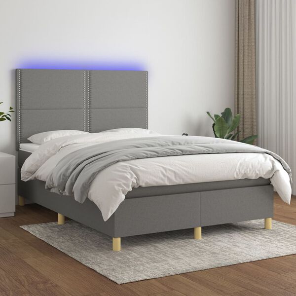 vidaXL Cama box spring c/ colch&atilde;o e LED 140x200 cm tecido cinza-escuro