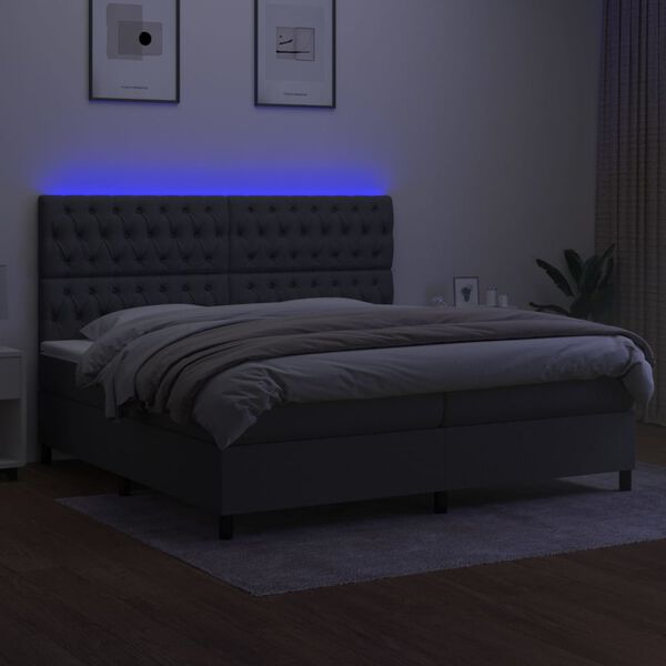 vidaXL Cama box spring c/ colch&atilde;o e LED 200x200 cm tecido cinza-escuro
