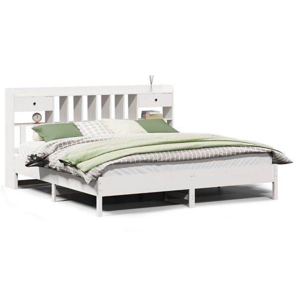 vidaXL Cama com estante sem colch&atilde;o 180x200 cm pinho maci&ccedil;o branco