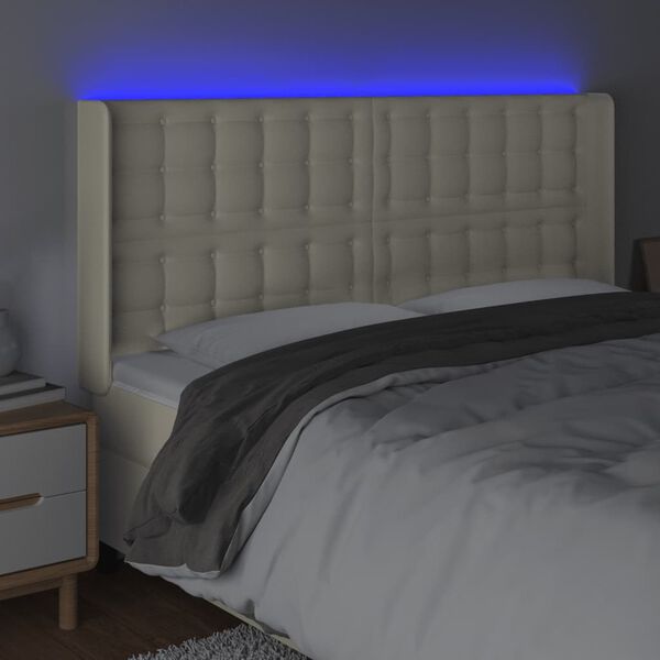vidaXL Cabeceira cama c/ LED 203x16x118/128 cm couro artificial cr&egrave;me