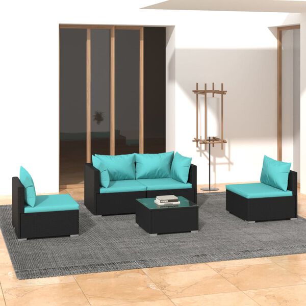 vidaXL 5 pcs conjunto lounge de jardim c/ almofad&otilde;es vime PE preto