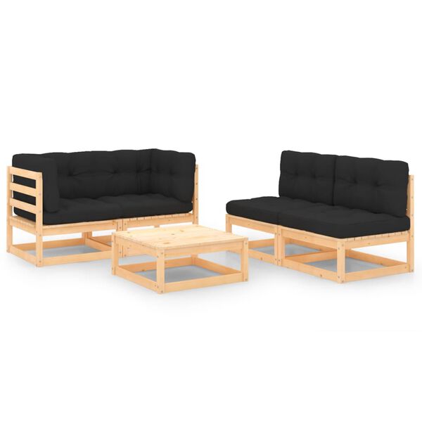 vidaXL 5 pcs conjunto lounge de jardim c/ almofadões pinho maciço