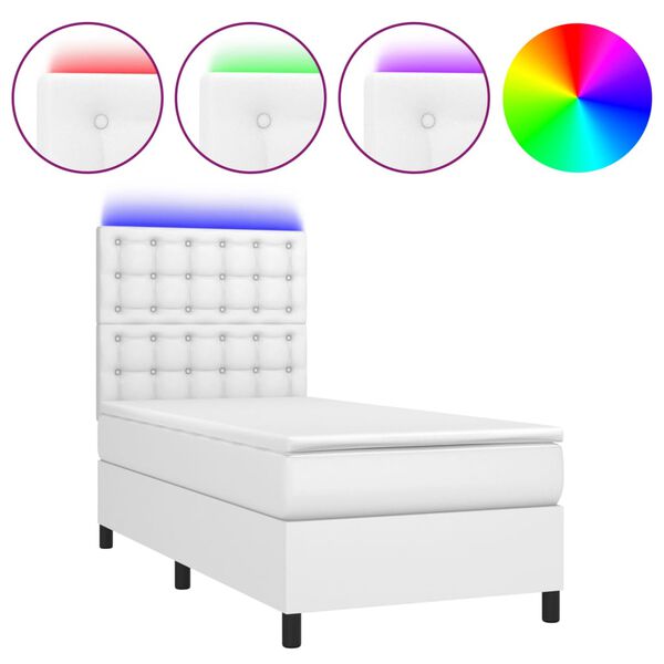 vidaXL Cama box spring c/ colchão/LED 90x190cm couro artificial branco