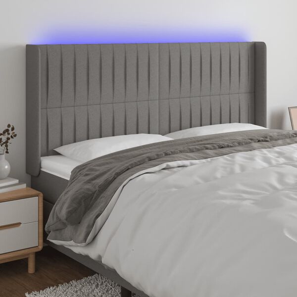 vidaXL Cabeceira de cama c/ LED tecido 163x16x118/128 cm cinza-escuro