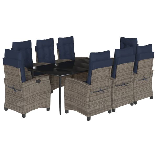 vidaXL 9 pcs conjunto jantar p/ jardim c/ almofad&otilde;es vime PE cinzento