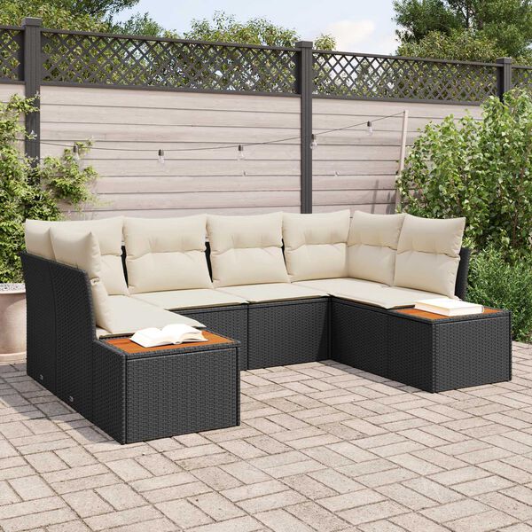 vidaXL Conjunto de Sof&aacute; de Jardim 6 pcs Preto e Creme Polirattan