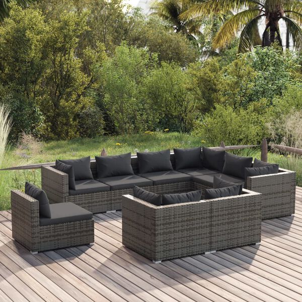 vidaXL 9 pcs conjunto lounge de jardim c/ almofad&otilde;es vime PE cinzento