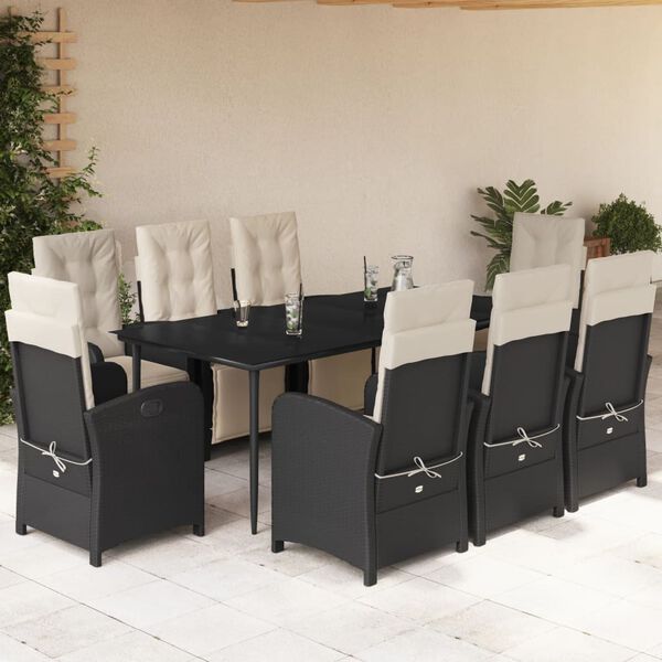 vidaXL 9 pcs conjunto de jantar p/ jardim c/ almofad&otilde;es vime PE preto