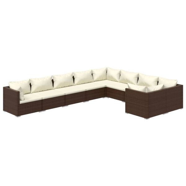 vidaXL 9 pcs conjunto lounge jardim c/ almofadões vime PE castanho