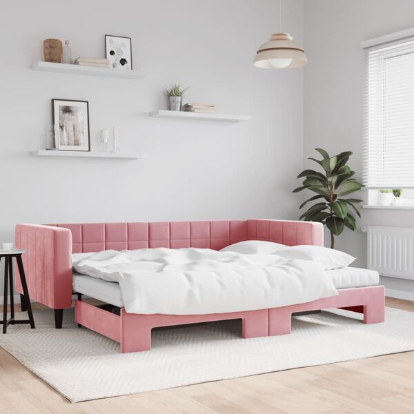 vidaXL Sofá-cama com gavetão e colchões 90x200 cm veludo rosa