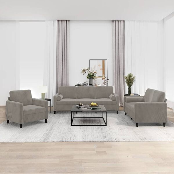 vidaXL 3 pcs conjunto sof&aacute;s c/ almofadas/almofad&otilde;es veludo cinza-claro