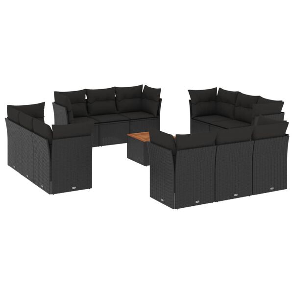 vidaXL 13 pcs conjunto de sof&aacute;s de jardim com almofad&otilde;es vime PE preto