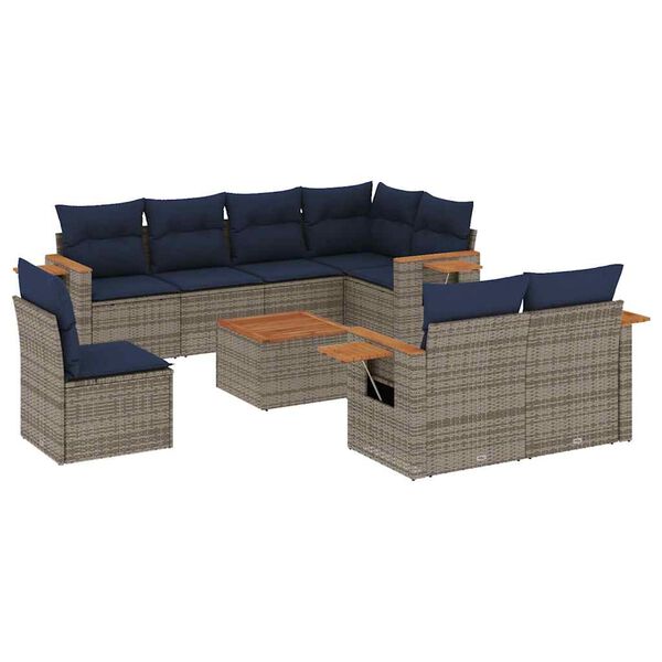 vidaXL 9 pcs conjunto sof&aacute;s p/ jardim c/ almofad&otilde;es vime PE cinzento