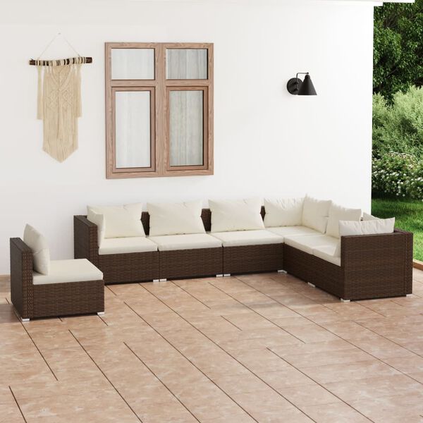 vidaXL 7 pcs conjunto lounge jardim c/ almofad&otilde;es vime PE castanho