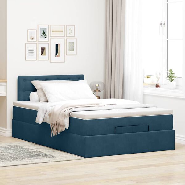 vidaXL Cama otomana com colch&atilde;o & LEDs 120x190cm veludo azul-escuro