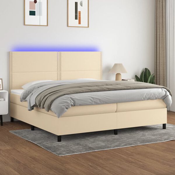 vidaXL Cama box spring c/ colch&atilde;o e LED 200x200 cm tecido cor creme