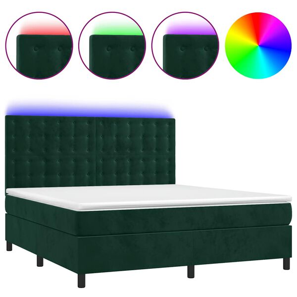 vidaXL Cama box spring c/ colch&atilde;o/LED 180x200 cm veludo verde-escuro
