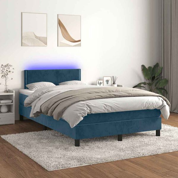 vidaXL Cama box spring colch&atilde;o LED 120x190cm couro artif. azul-escuro