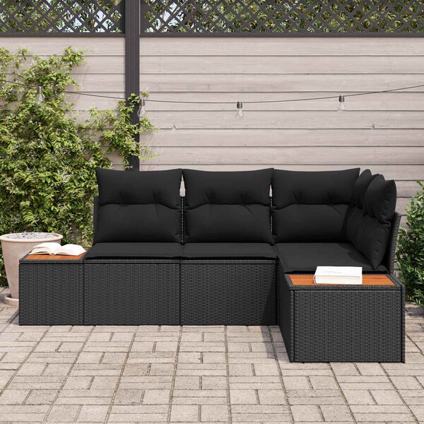 vidaXL Conjunto de Sof&aacute; de Jardim com almofada 4 pcs Preto Polirattan
