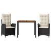 vidaXL 3 pcs conjunto de jantar p/ jardim c/ almofad&otilde;es vime PE preto
